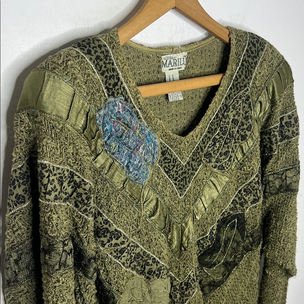 Vintage 80s Olive Green Patchwork Dolman Sweater Italian Boho Textured Slouchy - Picture 5 of 14